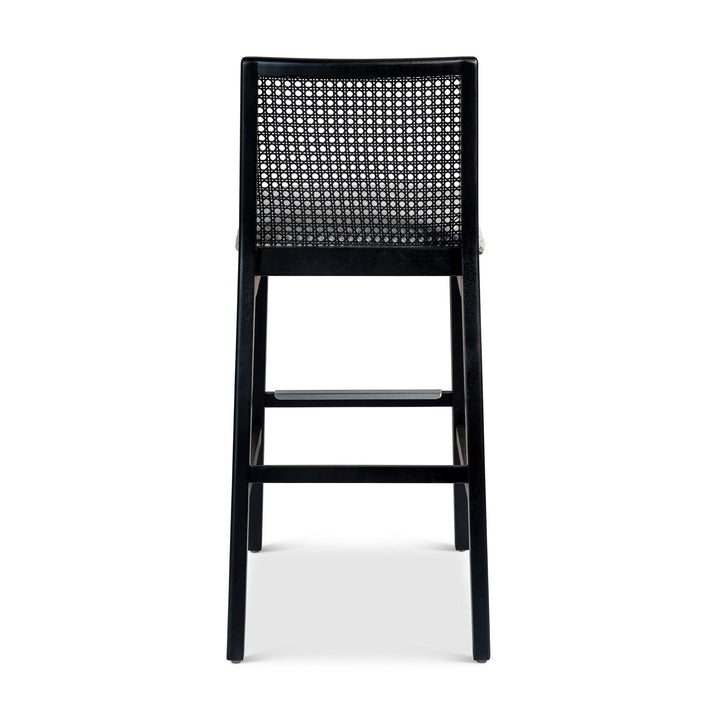 MODERN BRAZILIAN NARDIA CANE TAUARI WOOD BAR STOOL - CRAFTED GLAZE, EBANO - BACK VIEW