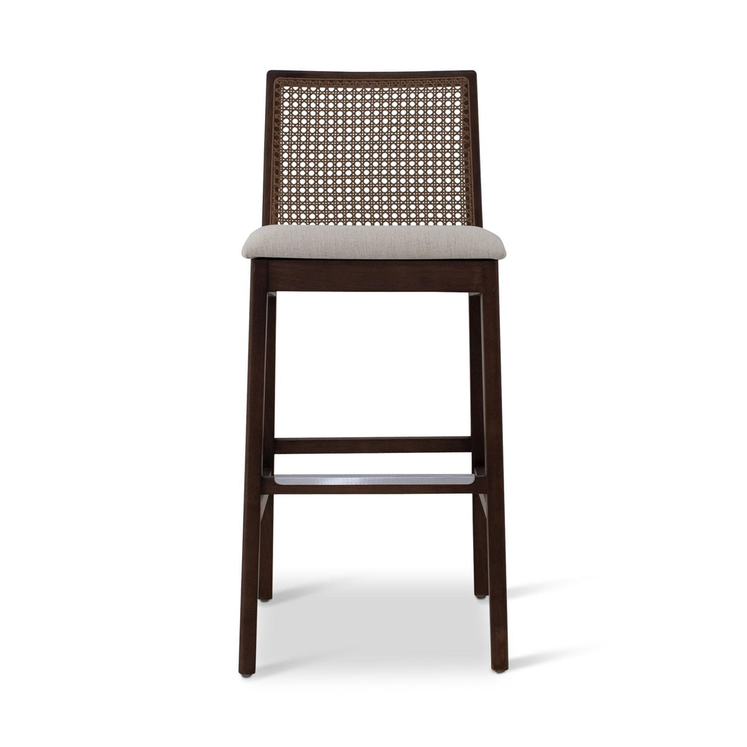 MODERN BRAZILIAN NARDIA CANE TAUARI WOOD BAR STOOL - MEDLEY IVORY, NOGAL - FRONT VIEW