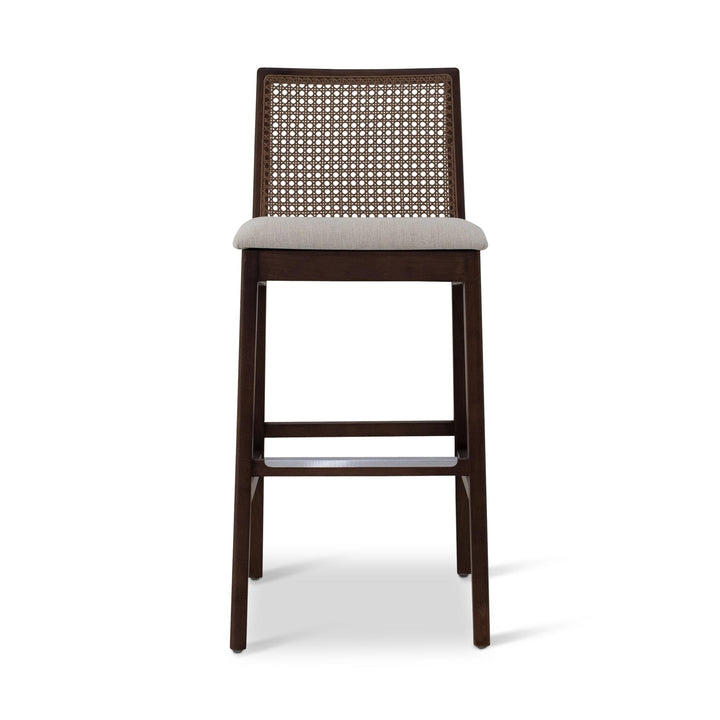 MODERN BRAZILIAN NARDIA CANE TAUARI WOOD BAR STOOL - MEDLEY IVORY, NOGAL - FRONT VIEW