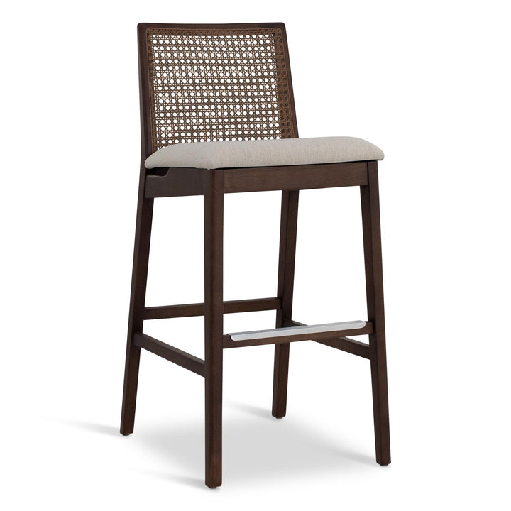 MODERN BRAZILIAN NARDIA CANE TAUARI WOOD BAR STOOL - MEDLEY IVORY, NOGAL - FRONT VIEW