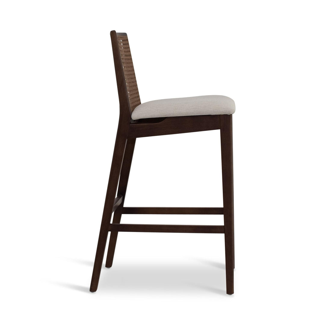 MODERN BRAZILIAN NARDIA CANE TAUARI WOOD BAR STOOL - MEDLEY IVORY, NOGAL - SIDE VIEW