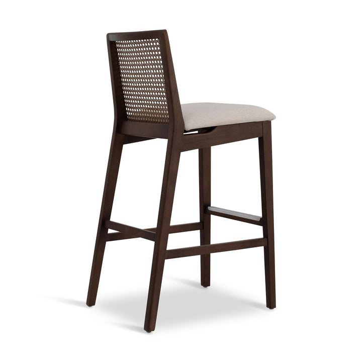 MODERN BRAZILIAN NARDIA CANE TAUARI WOOD BAR STOOL - MEDLEY IVORY, NOGAL - BACK VIEW