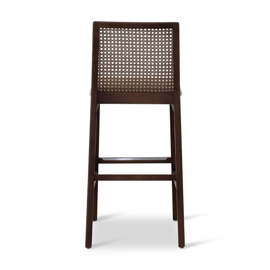 MODERN BRAZILIAN NARDIA CANE TAUARI WOOD BAR STOOL - MEDLEY IVORY, NOGAL - BACK VIEW