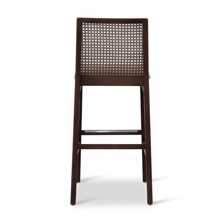 MODERN BRAZILIAN NARDIA CANE TAUARI WOOD BAR STOOL - MEDLEY IVORY, NOGAL - BACK VIEW