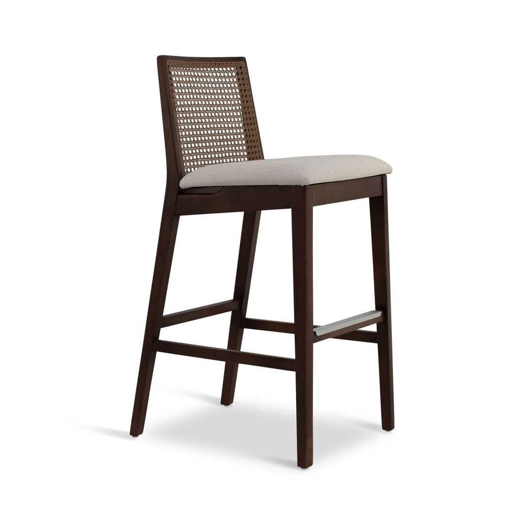 MODERN BRAZILIAN NARDIA CANE TAUARI WOOD BAR STOOL - MEDLEY IVORY, NOGAL - SIDE VIEW