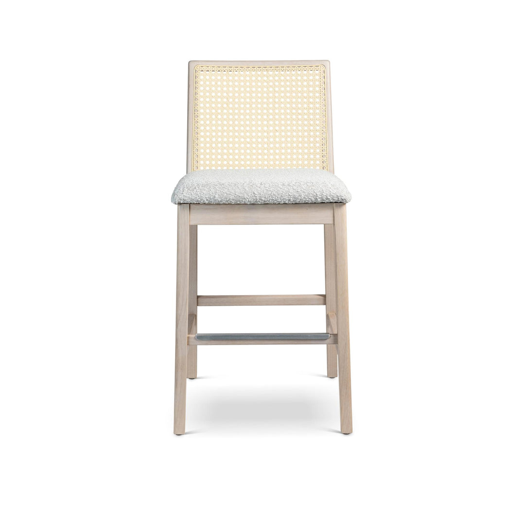 MODERN BRAZILIAN NARDIA CANE TAUARI WOOD COUNTER STOOL - CRAFTED GLAZE, NEVOA, NATURAL - FRONT VIEW