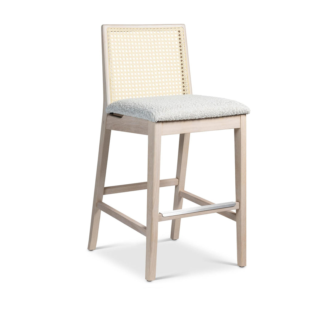 MODERN BRAZILIAN NARDIA CANE TAUARI WOOD COUNTER STOOL - CRAFTED GLAZE, NEVOA, NATURAL - FRONT VIEW