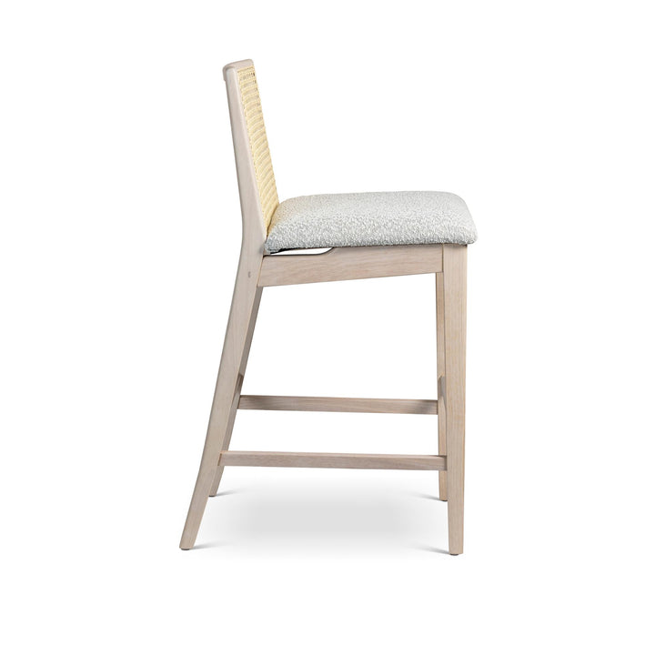 MODERN BRAZILIAN NARDIA CANE TAUARI WOOD COUNTER STOOL - CRAFTED GLAZE, NEVOA, NATURAL - SIDE VIEW