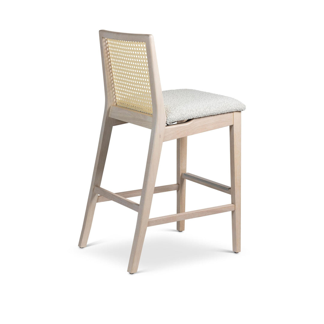 MODERN BRAZILIAN NARDIA CANE TAUARI WOOD COUNTER STOOL - CRAFTED GLAZE, NEVOA, NATURAL - BACK VIEW