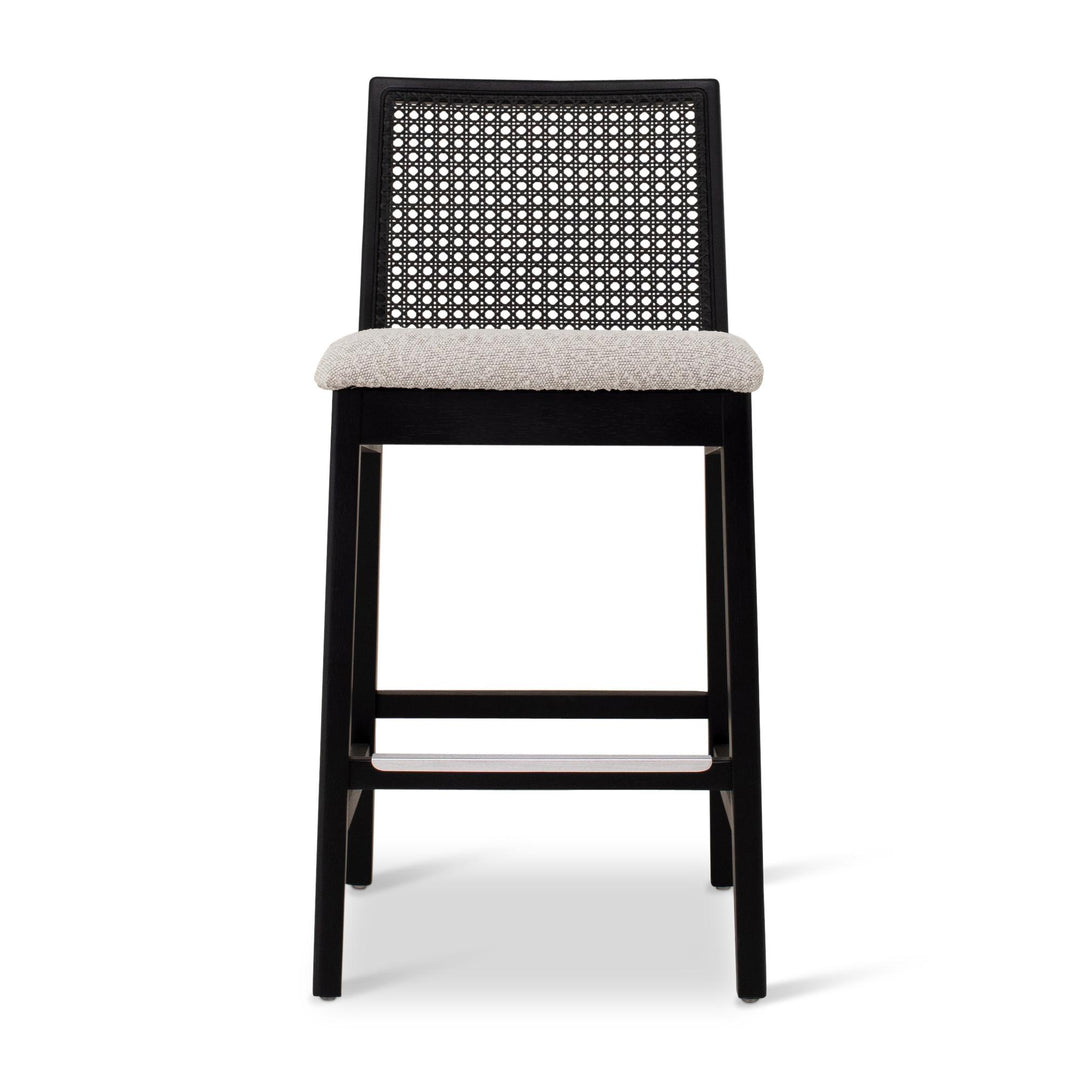 MODERN BRAZILIAN NARDIA CANE TAUARI WOOD COUNTER STOOL - CRAFTED GLAZE, EBANO - FRONT VIEW