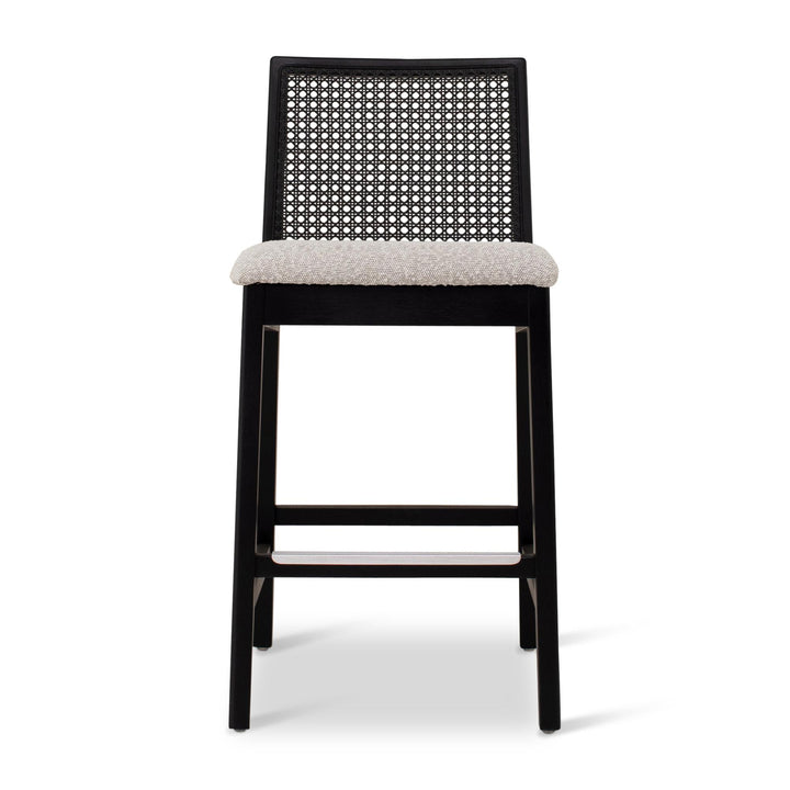 MODERN BRAZILIAN NARDIA CANE TAUARI WOOD COUNTER STOOL - CRAFTED GLAZE, EBANO - FRONT VIEW