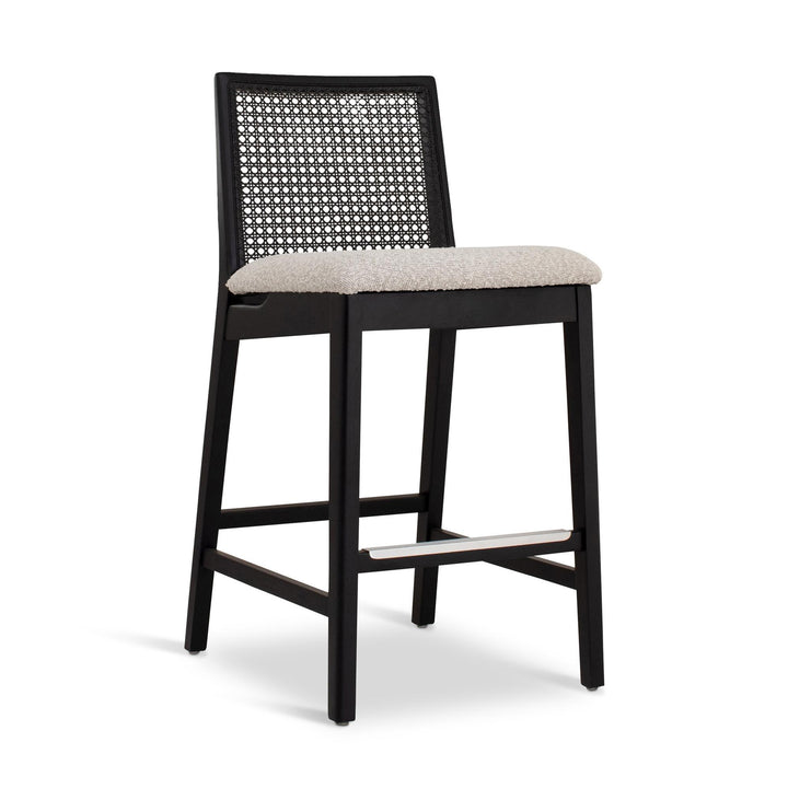 MODERN BRAZILIAN NARDIA CANE TAUARI WOOD COUNTER STOOL - CRAFTED GLAZE, EBANO - FRONT VIEW