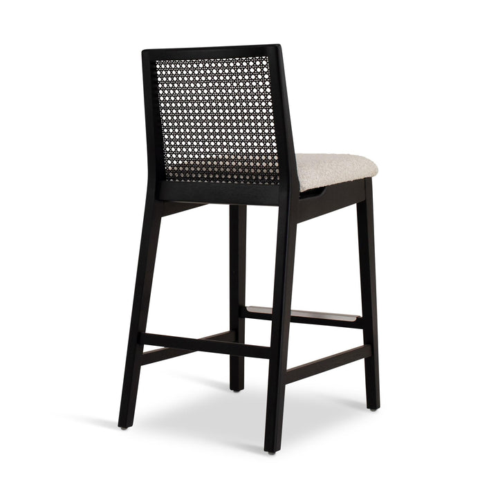 MODERN BRAZILIAN NARDIA CANE TAUARI WOOD COUNTER STOOL - CRAFTED GLAZE, EBANO - BACK VIEW