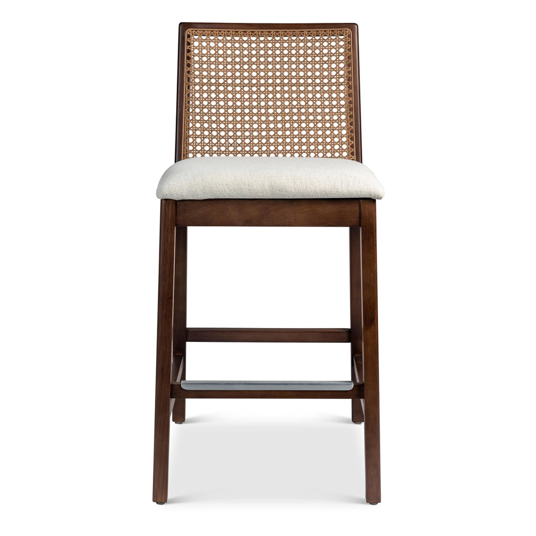 MODERN BRAZILIAN NARDIA CANE TAUARI WOOD COUNTER STOOL - MEDLEY IVORY, NOGAL - FRONT VIEW