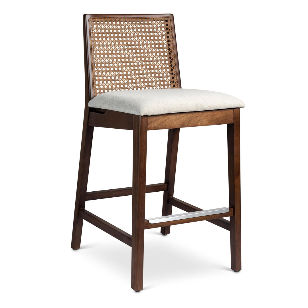 MODERN BRAZILIAN NARDIA CANE TAUARI WOOD COUNTER STOOL - MEDLEY IVORY, NOGAL - FRONT VIEW