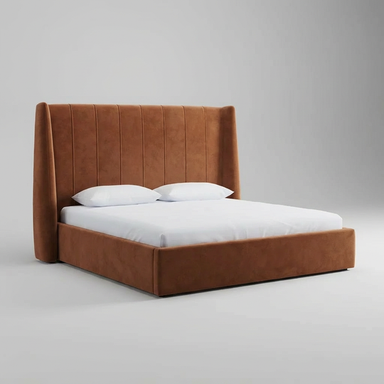 burnt orange velvet upholstered bed