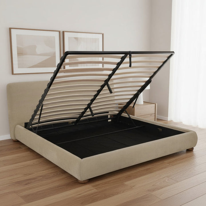 Beige bed frame, hydraulic lift mechanism, slatted base, open storage compartment, modern minimalist design