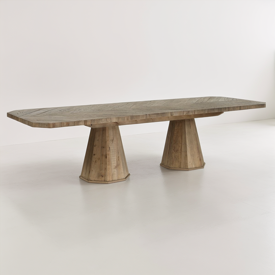 Wooden dining table with a unique design on a white background