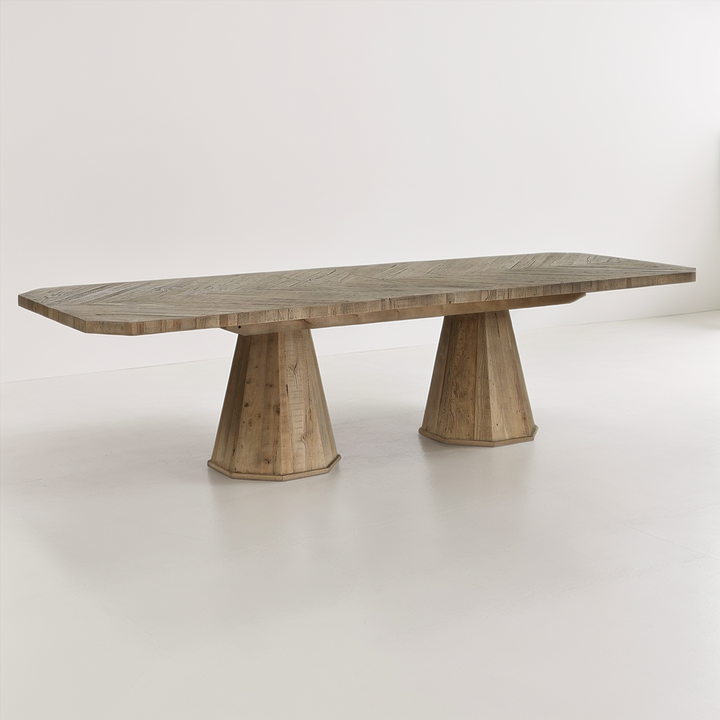 Wooden dining table with a unique design on a white background