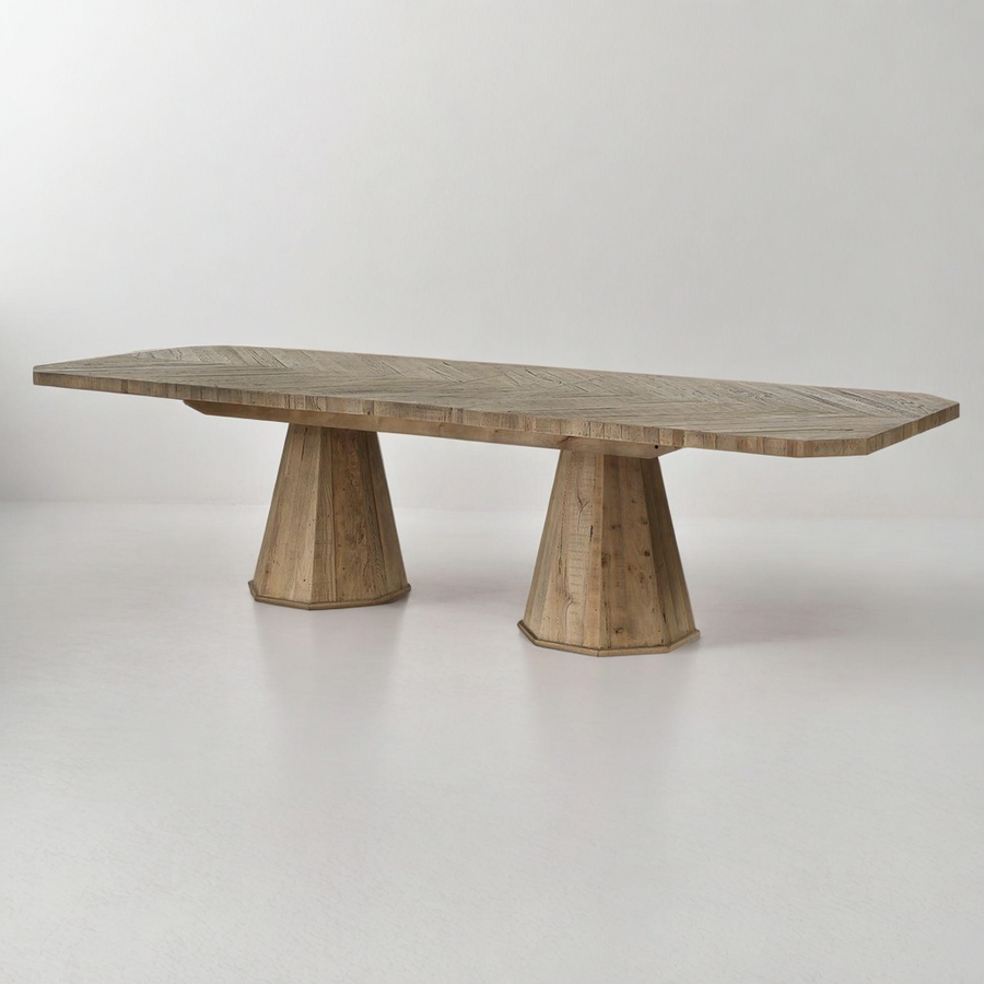 Wooden dining table with a geometric pattern on a white background