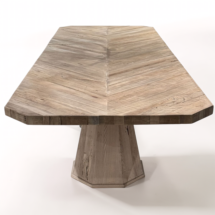 Wooden table with a unique design on a white background