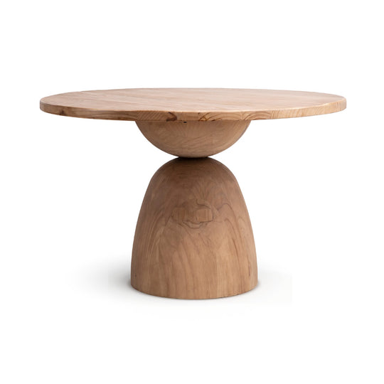 A round natural brown wooden breakfast table with a reclaimed pine finish, featuring a single pedestal base.