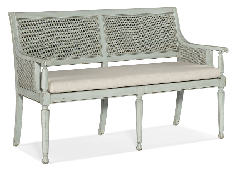 Light blue bench with white cushion