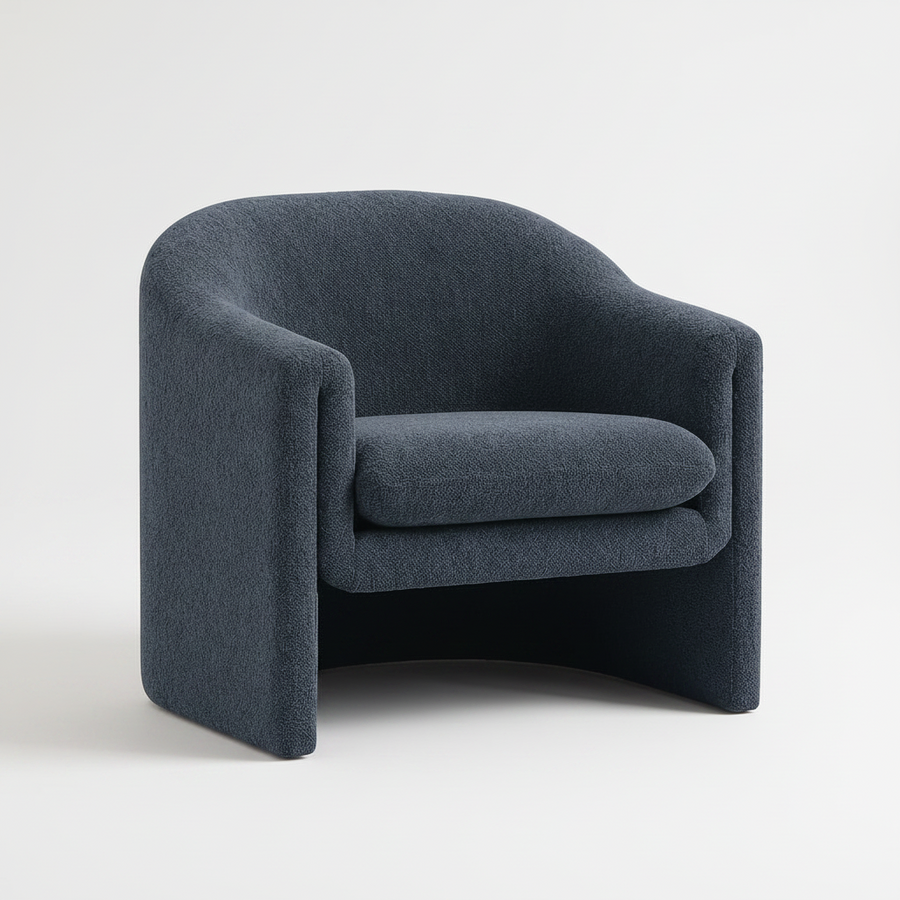 bouclé fabric armchair, rounded backrest and armrests, low-slung modern design, plush cushioned seat, seamless curved silhouette, minimalist aesthetic, studio white background, textured upholstery