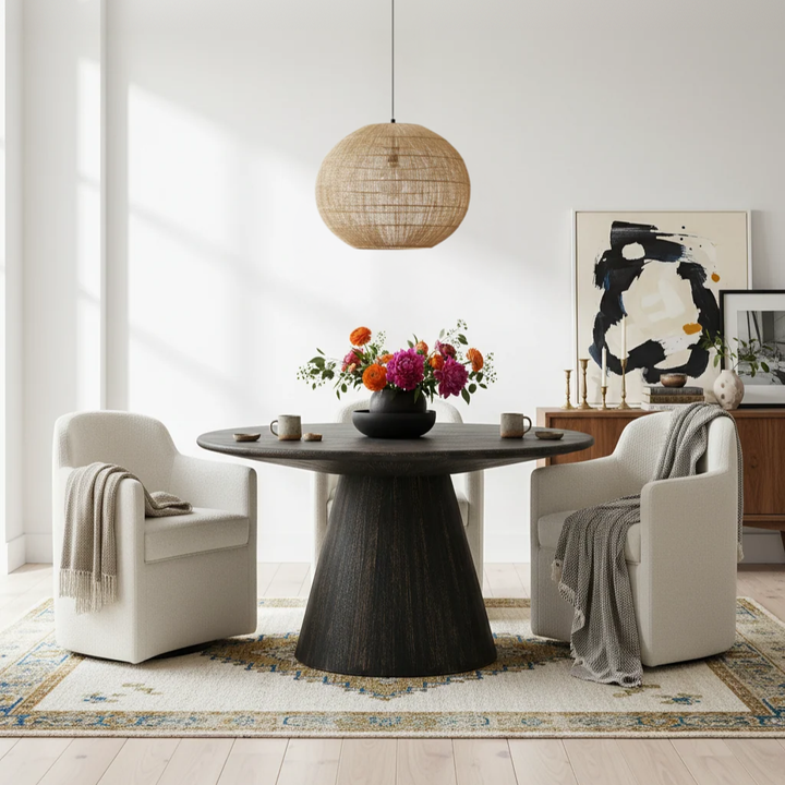 A round dining table set in a bright, modern dining room. The table has a dark wood grain pedestal base and a dark round top, styled with a black vase of colorful flowers.