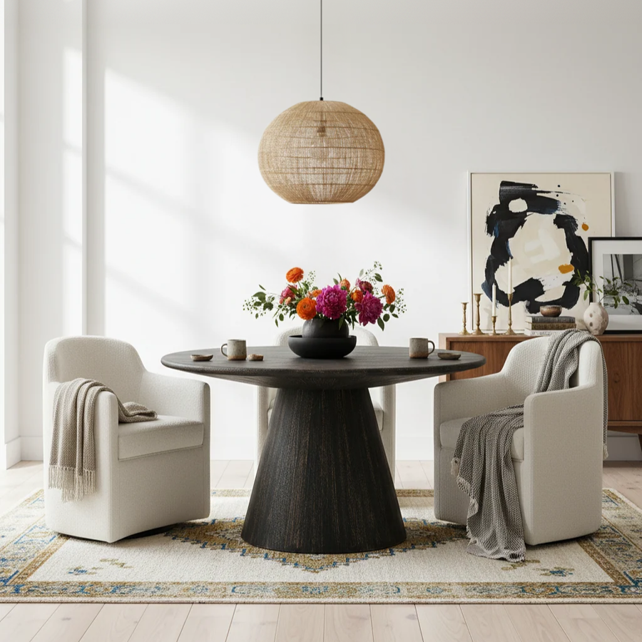 A round dining table set in a bright, modern dining room. The table has a dark wood grain pedestal base and a dark round top, styled with a black vase of colorful flowers.