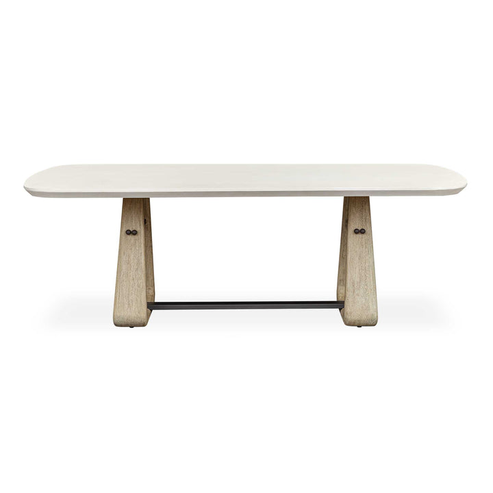White dining table with wooden legs on a white background