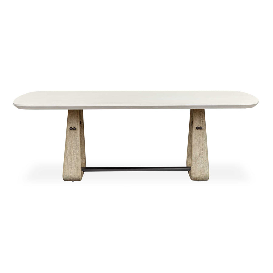 White dining table with wooden legs on a white background