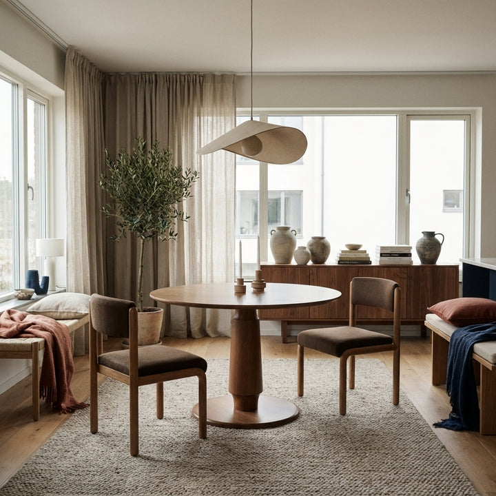 Modern minimalist dining room featuring a round wooden table, two chairs, a statement pendant light, and earthy decor.