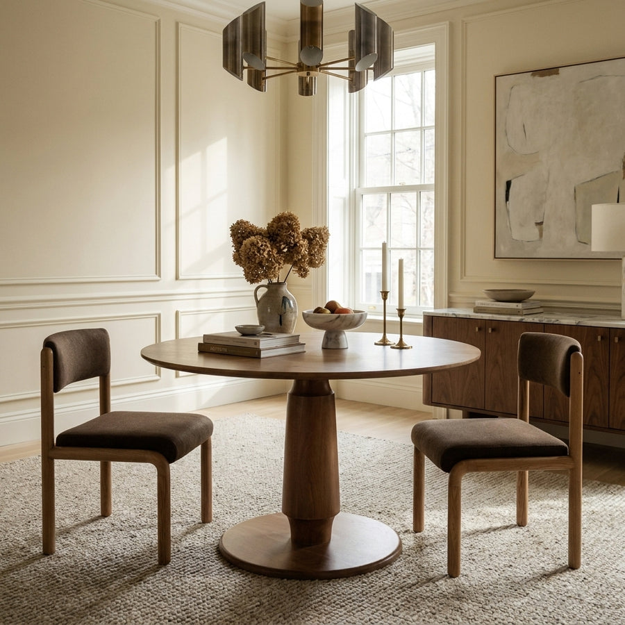 Modern minimalist dining room with a round wooden table, brown upholstered chairs, and elegant neutral decor.