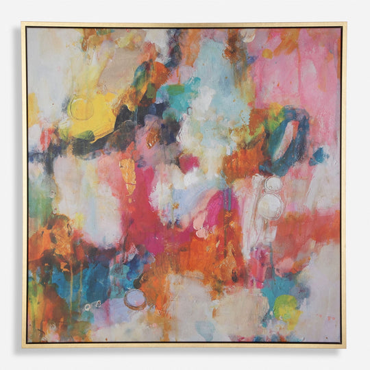 Abstract artwork with vibrant colors and a gold frame on a white background