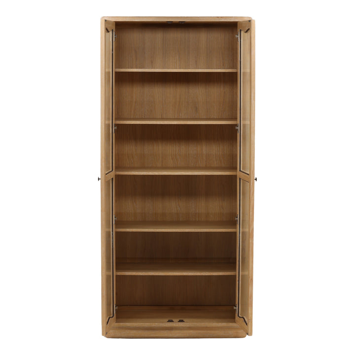Wooden bookshelf with open doors on a white floor