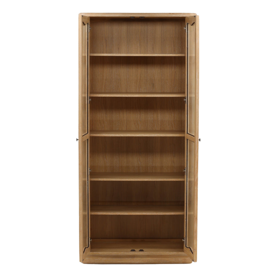 Wooden bookshelf with open doors on a white floor