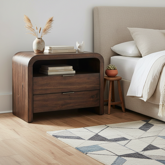 A dark brown wooden nightstand with rounded top corners and two drawers