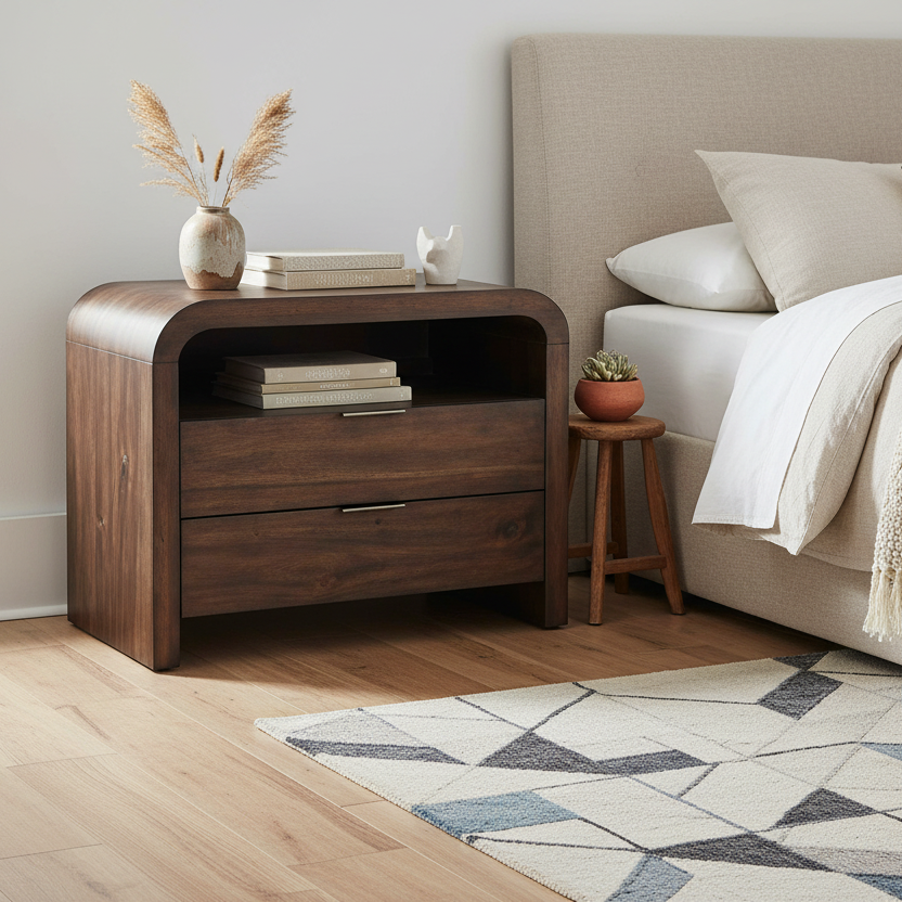 A dark brown wooden nightstand with rounded top corners and two drawers