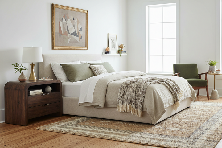 A modern bedroom scene featuring a low-profile platform bed with neutral beige bedding, a textured cream throw blanket, and sage green accent pillows. The bed is styled with a dark wood nightstand, a gold lamp, and a geometric framed print on the wall.