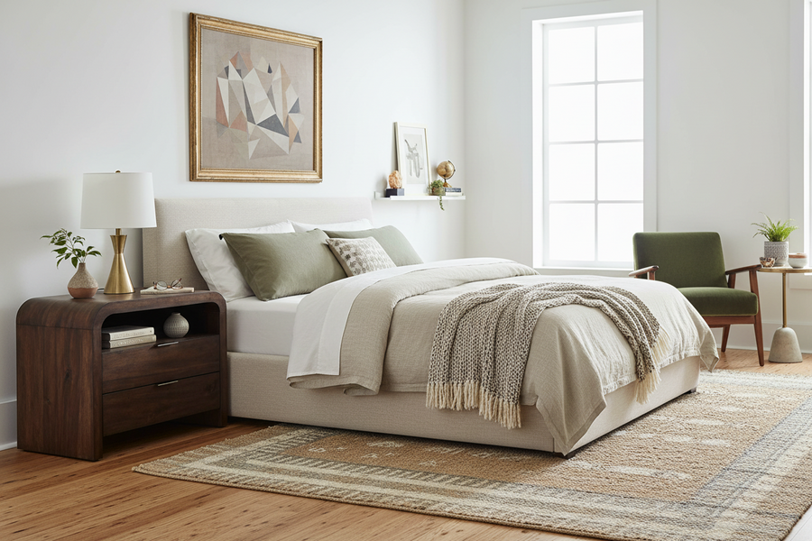 A modern bedroom scene featuring a low-profile platform bed with neutral beige bedding, a textured cream throw blanket, and sage green accent pillows. The bed is styled with a dark wood nightstand, a gold lamp, and a geometric framed print on the wall.