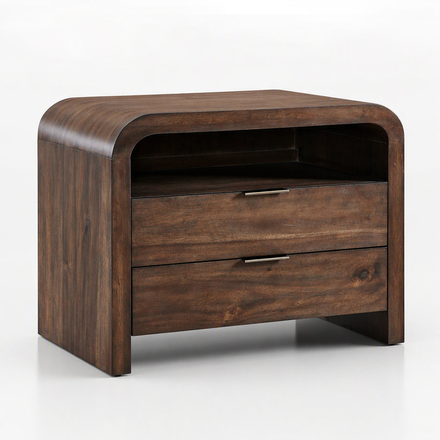 A modern two-drawer nightstand in dark brown wood with a curved top edge and slim metal handles, shown on a clean white background.
