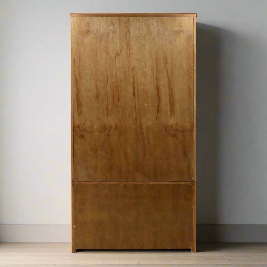 Wooden wardrobe with a natural finish on a white background