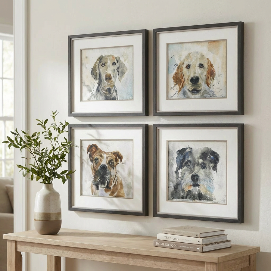 "DOG DAYS" GLASS FRAMED PRINTS | SET OF 4