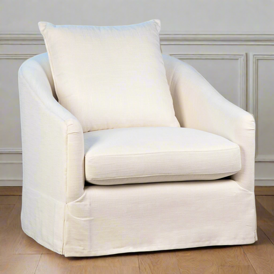 A beige upholstered swivel chair with a cushioned backrest and seat, displayed against a white background.
