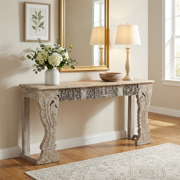 ELMA ANTIQUE CARVED WOOD CONSOLE TABLE