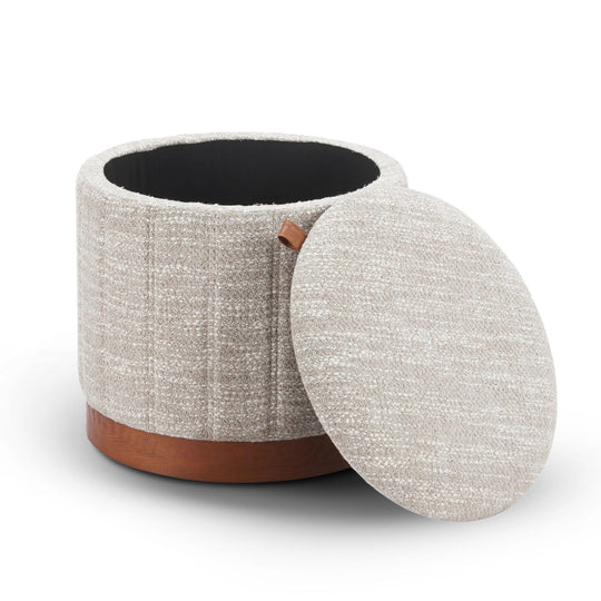 Round storage ottoman with textured beige cover and brown base on a white background