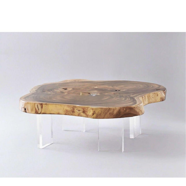 Wooden coffee table with a natural edge design on a white background