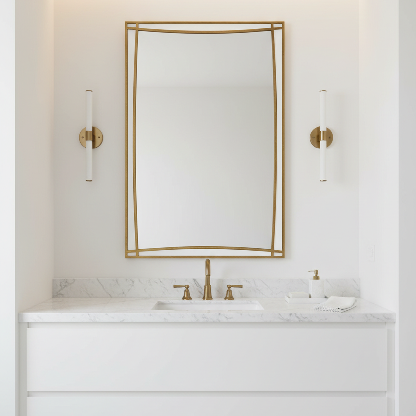 Modern bathroom vanity with white marble countertop, gold fixtures, and mirror.
