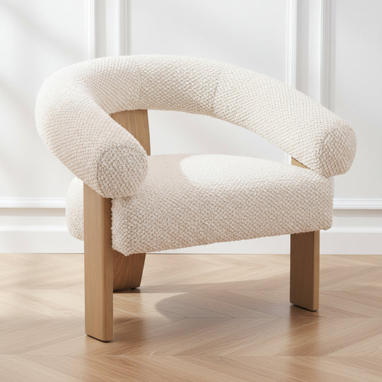 Modern chair with textured beige cushion and wooden legs